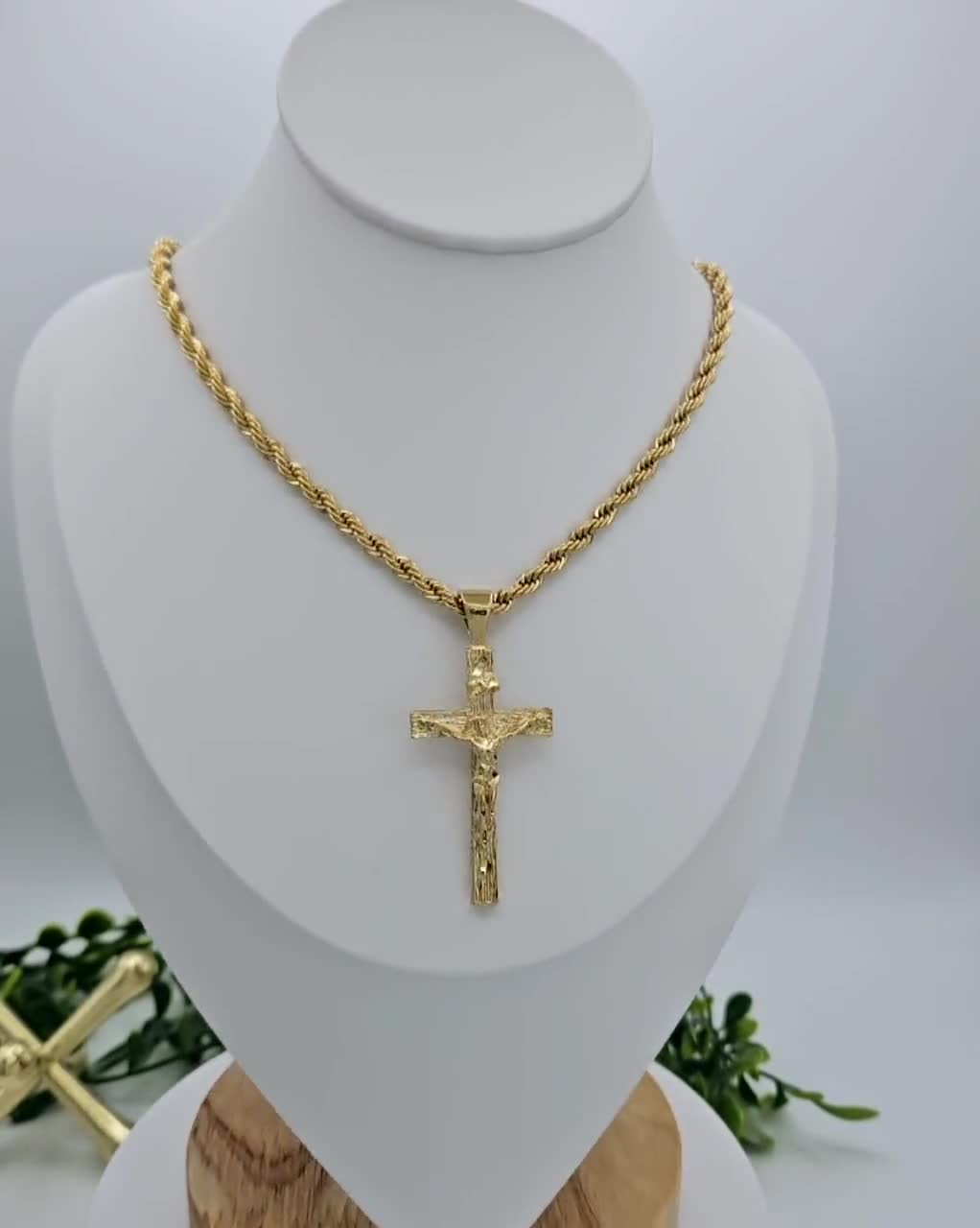 Gold Crucifix Necklace: 14K Plated, 4mm French Rope Chain