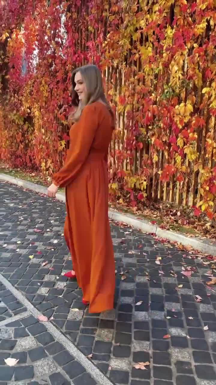 Rust Orange Maxi Dress with Long Sleeves and Belt: Autumn wedding, Fall  photoshoots
