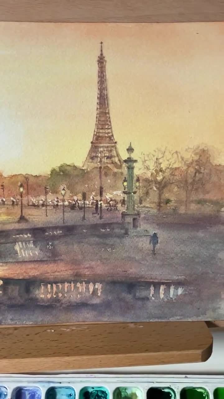 Parigi Acquerello Originale Pittura Torre Eiffel Originale Estetica Fatta a  Mano 