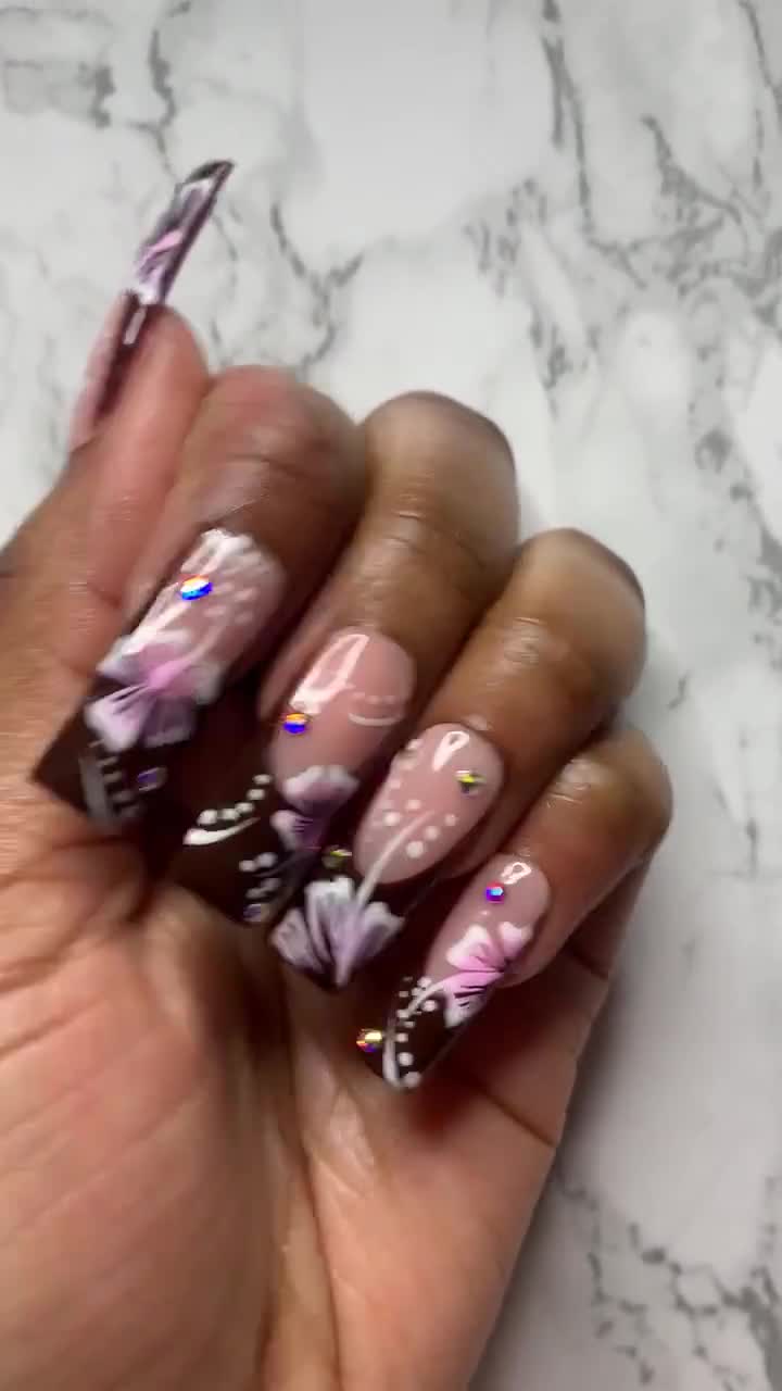 Brown French Tip Press on Nails, Y2K Flowers, Rhinestones Almond Nails,  Coffin Nails, Square Nails 