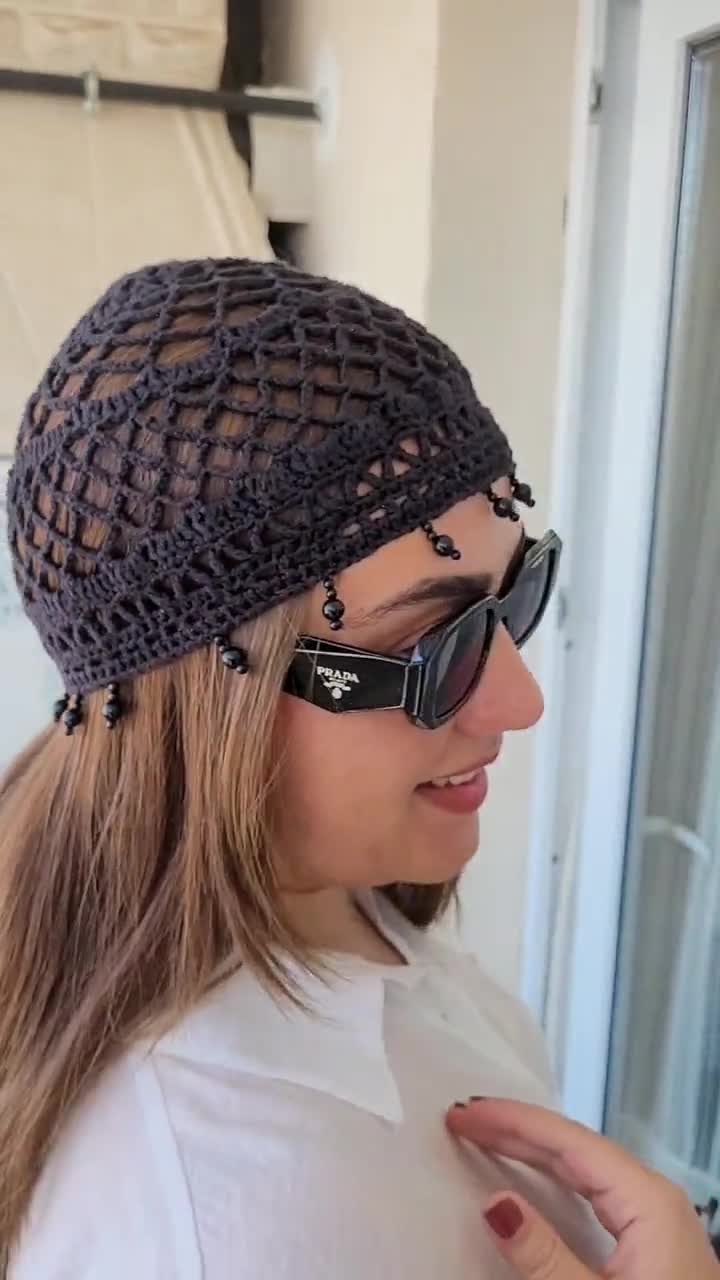 Beaded Black Crochet Hat, Cotton Mesh Knitted Hat, Skull Cap