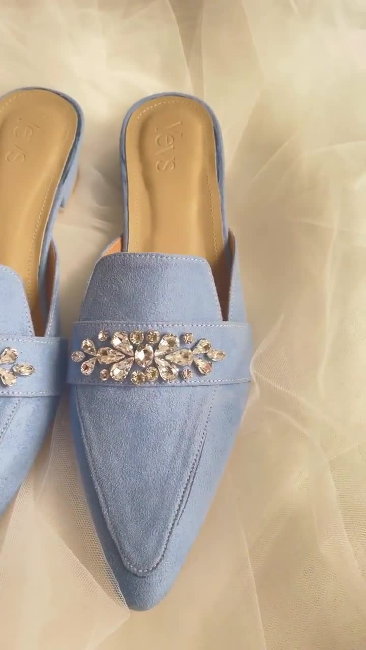 Something Blue, Sky Blue Mules, Suede Leather Mules, Slip Ons, Pointed Mules, Low Heel Leather Slippers, high quality Women's Closed Toe Sandals