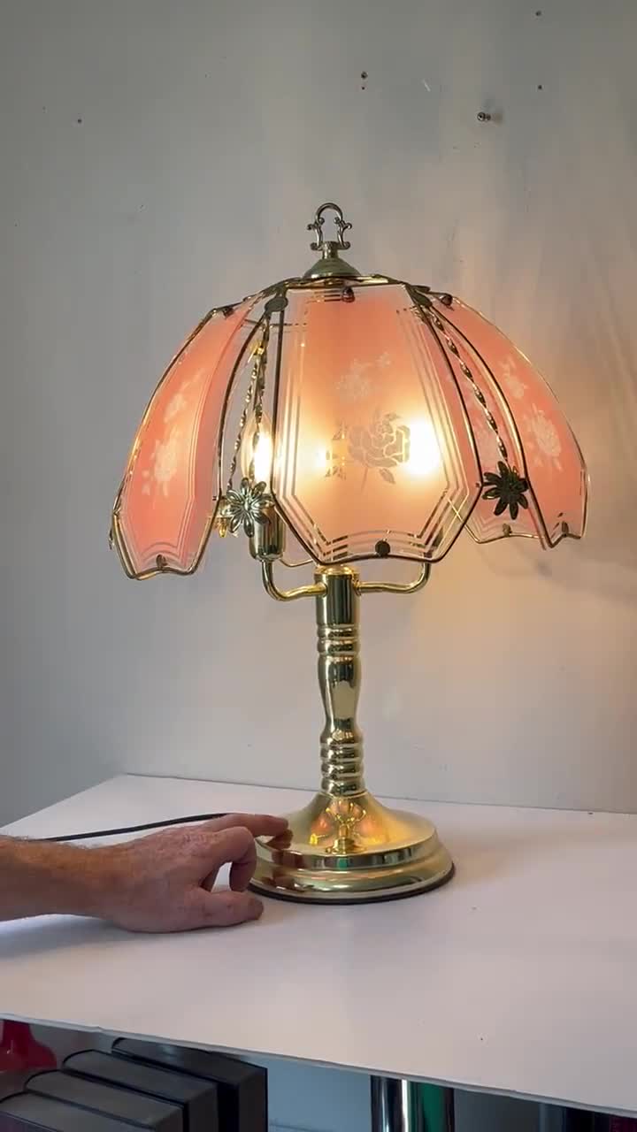 Vintage 80s Touch Lamp, Tri-light Lamp, Brass and Glass Lamp