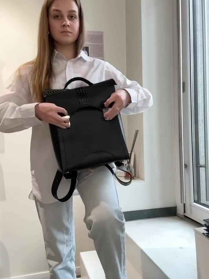 box backpack leather rectangle Boxy Black Matte Leatherette tablet sleeve Black Leather Backpack, Rectangular Buckle
