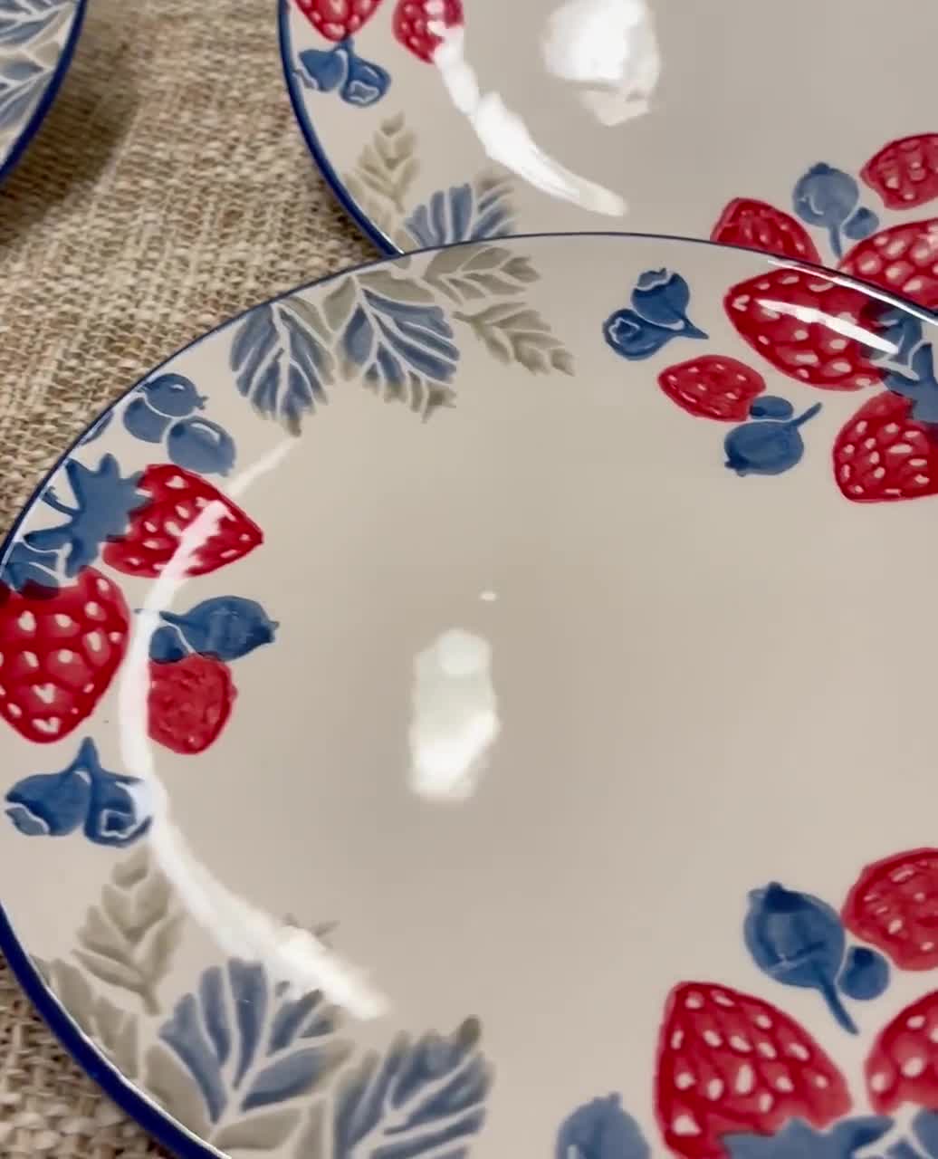 Vintage Strawberry Plates Set: Turkish Ceramic Dessert Plates