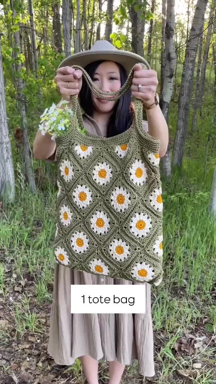 Borsa Tote All'Uncinetto Verde Floreale Con Margherite: Fatta A Mano In Cotone, Stile Fairycore Per Spiaggia O Regalo