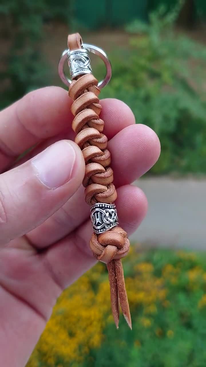 Leather Lanyard, Handmade Woven Beads Etsy - Keychain With Ring and Rune Key