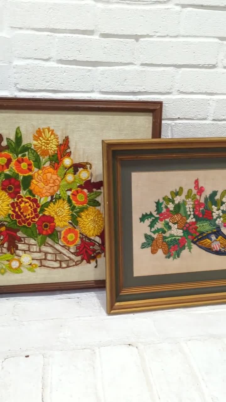 Vintage 60’s 70’s 2024 MCM Boho Chic Crewel Cross Stitch Floral Flower Bouquet Art by