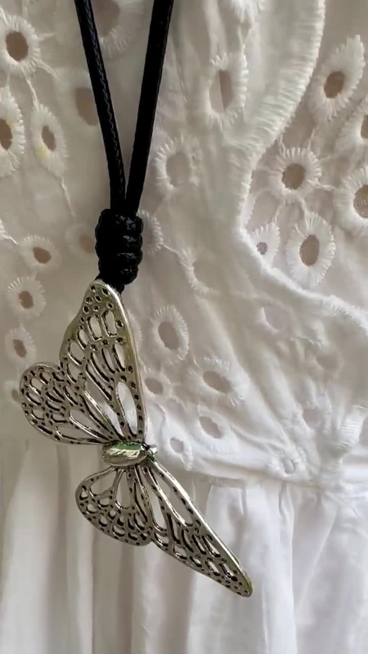 Silver Plated Butterfly Pendant Necklace, Black Leather Cord - Etsy