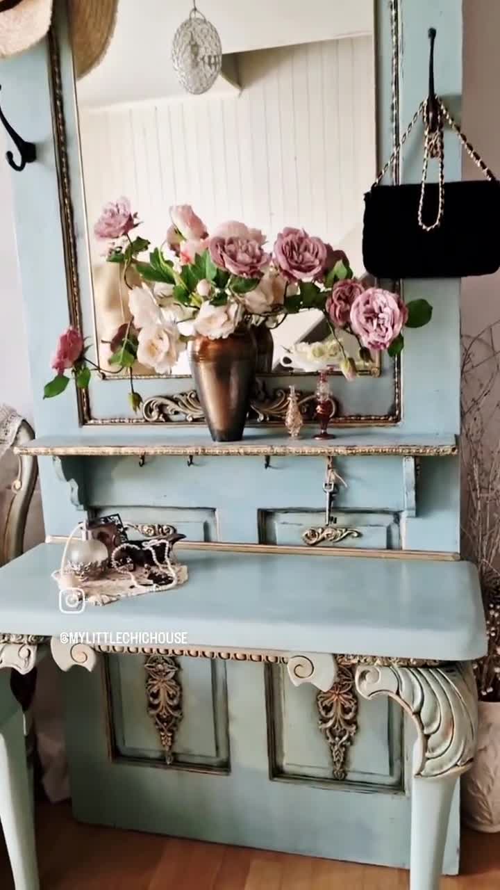 Vintage Old Door Entryway Hall Tree, Hand-painted French Style