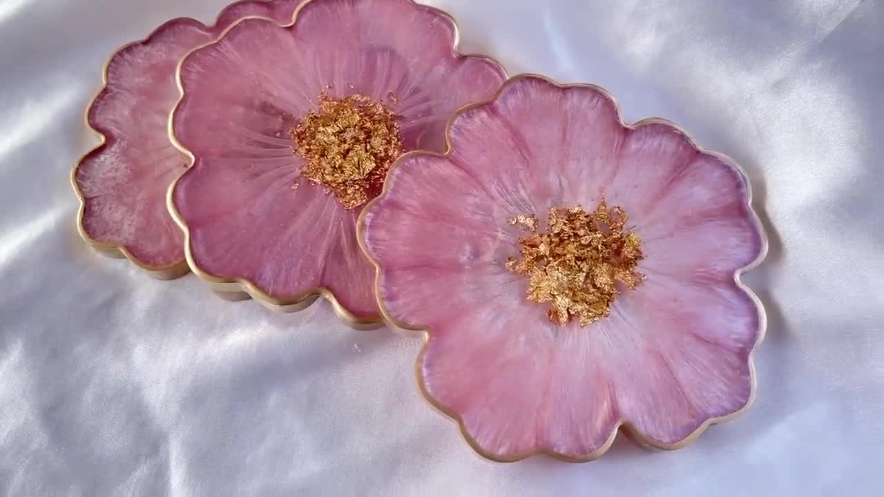 Cherry Blossom Baby Pink and Gold Flower Shaped Coasters 