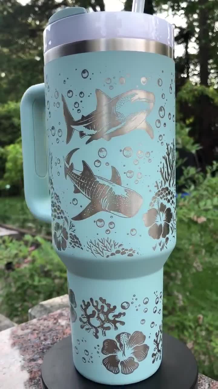Engraved Whale Shark Stanley Tumbler: Ocean Scene Hibiscus, 30/40