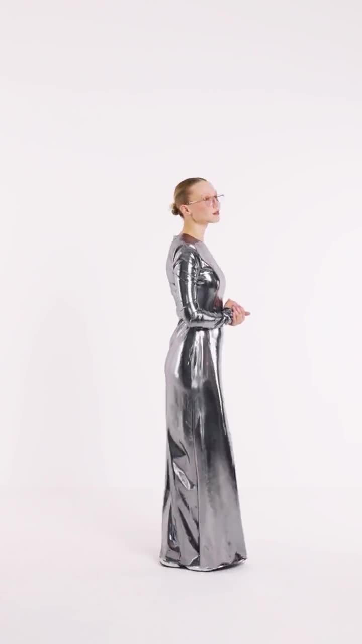 Chrome Shiny Maxi Dress: Liquid Metallic Festival Gown