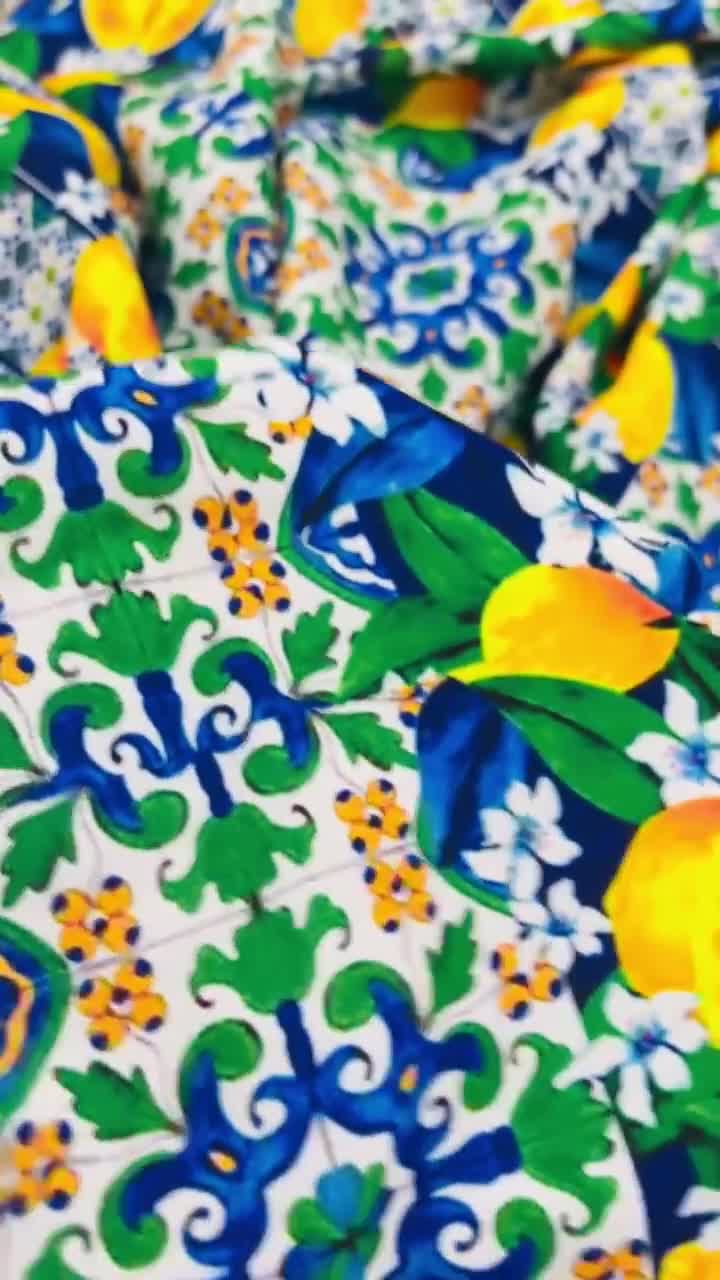 Majolica Fabric With Lemons, Tiles, Sicily Print, Italian Cotton