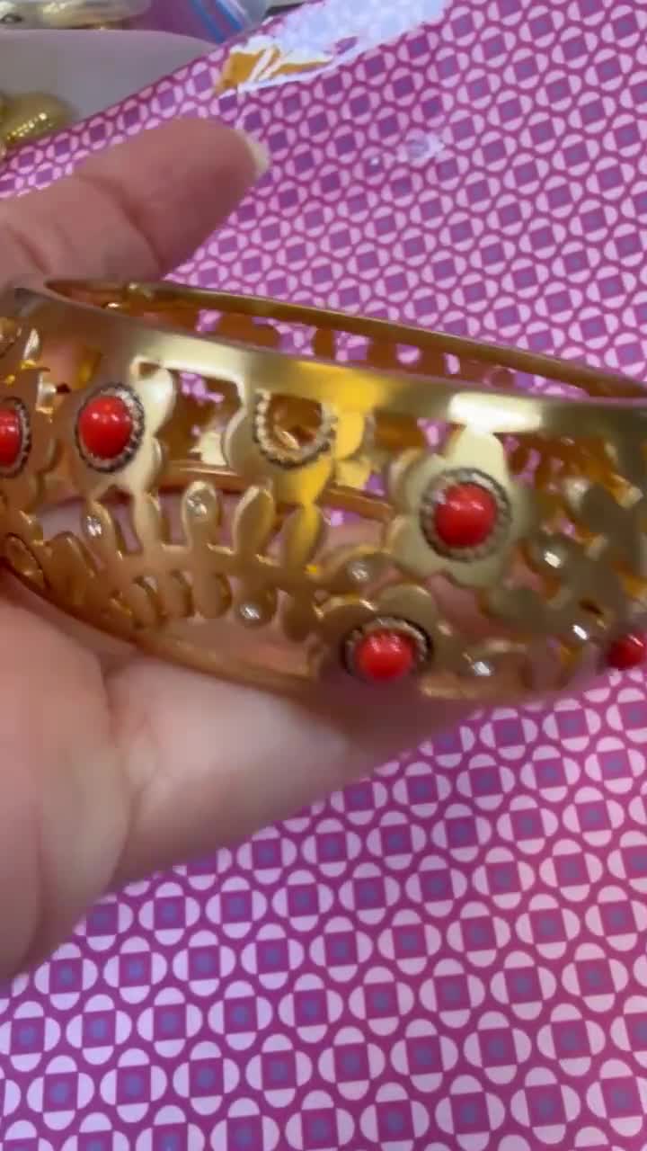 Vintage Brighton Hinged Cuff Bracelet: Brushed Gold, Salmon Ceramic, Crystal Inlay, Size 7 video poster