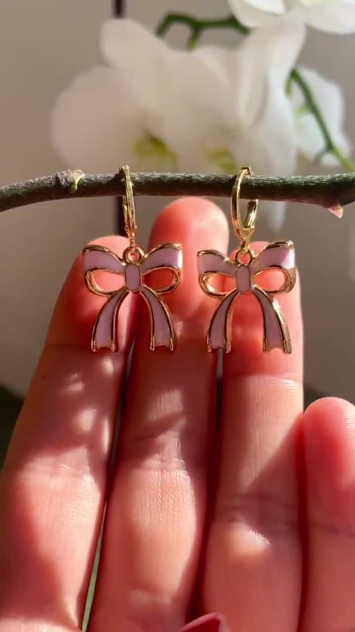 Pink Bow Earrings 18K Gold Huggie Hoop Earrings Cool Quirky