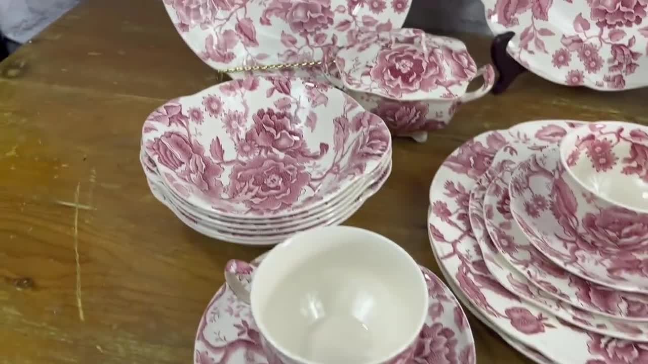 Vintage English Chippendale Pattern Red Rose Pink Transferware