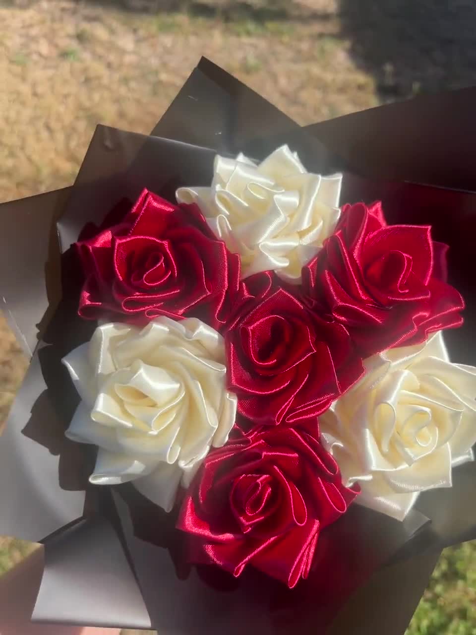 Red Dahlia Eternal Ribbon Flower Bouquet| 7 Count| Red and Cream