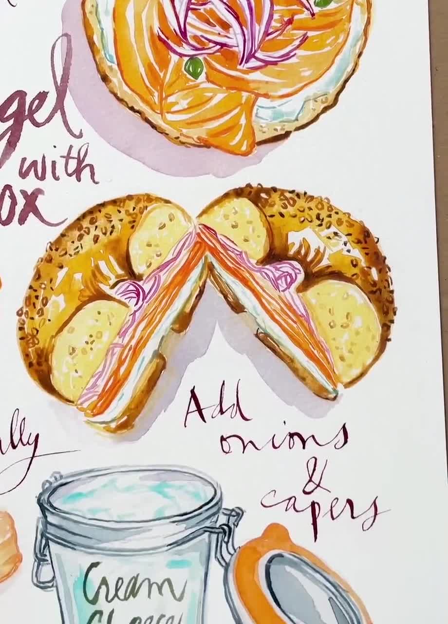 Bagel and Lox recipe print, Watercolor painting, Bagel wall art, New York  cuisine, Deli restaurant decor, NYC kitchen poster, Foodie gift