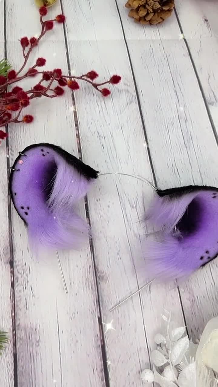 Orejas de gato púrpura claro y negro Diadema Lavanda Orejas de gato de piel  sintética con piercings Pastel Goth Orejas de gato peludas Gato Cosplay  Orejas de anime