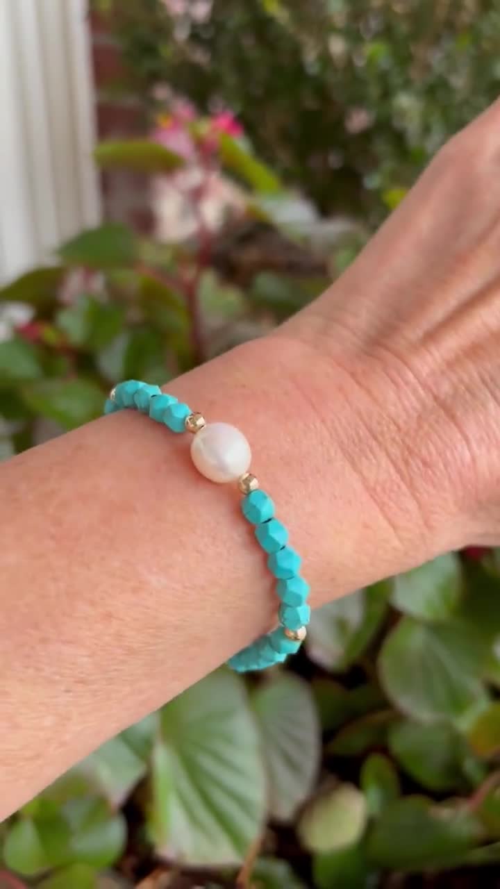 3 stacker stretch 2024 turquoise & freshwater pearl bracelet with sterling silver charm