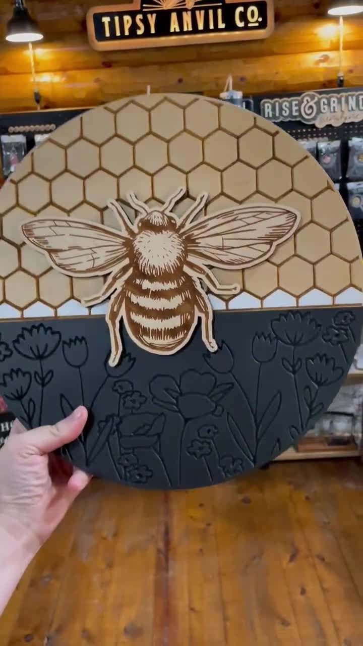 Bee Wood Sign | Honeycomb Sign | Spring | Round Sign | Save Bees | Boho Decor | Laser Cut | hotsell Engraved Decor | 13 In.