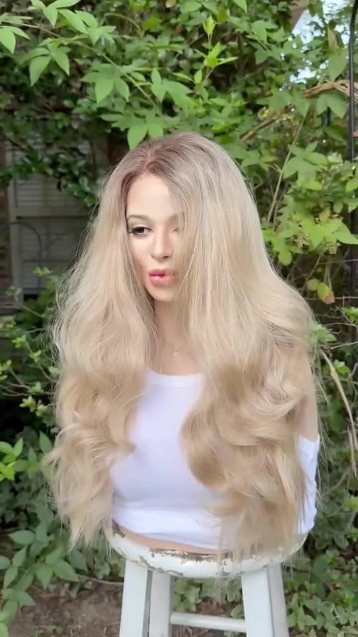 RECKLESS Ombre Blonde Wavy Brown Root Smudge Premium Human Hair Blend Wig 26 Inch Lace Front video poster