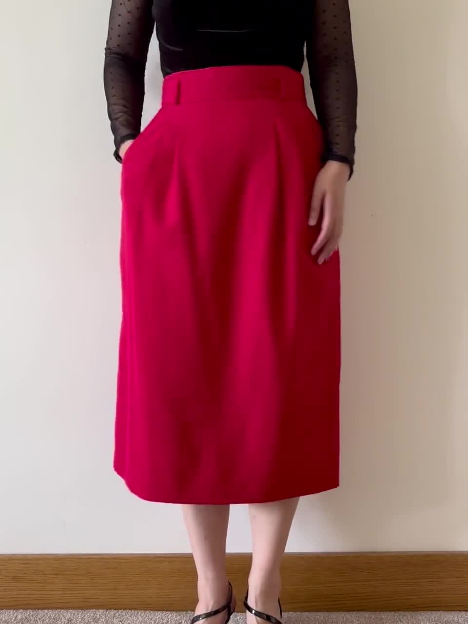 Vintage Skirt Red Pencil Skirt Pleated Skirt High Waist 80s 90s