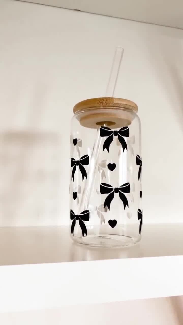 Black Bow Glass Cup With Lid and Straw, Girly Glass Cup