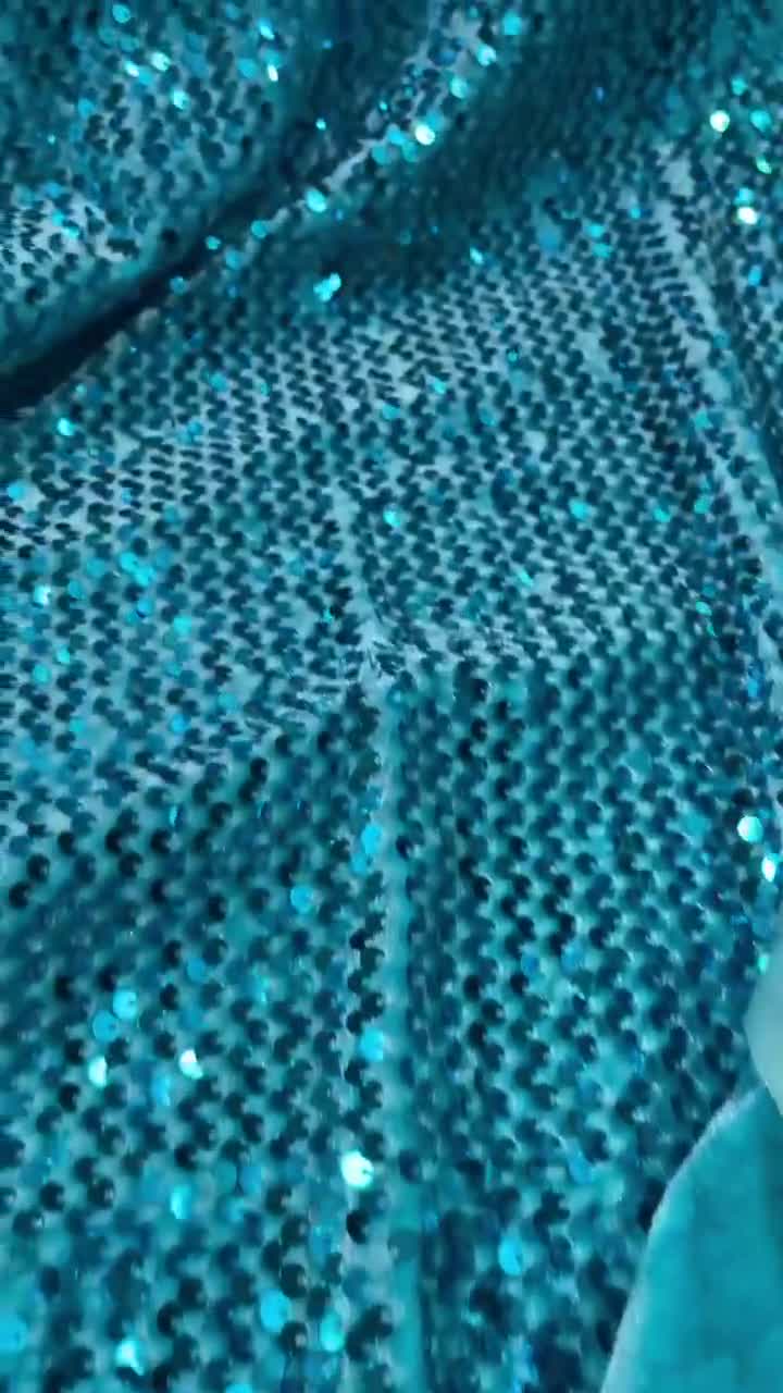 Sequins Velvet Fabric by the yard - Aqua Iridescent - 2Way Stretch Velvet  With Partial Luxury Sequins 5mm Shining Sequin Velvet 58/60”