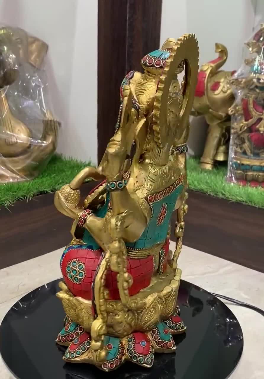 Brass Ganesh Statue, 32 cm Brass Ganesha Statue with Stonework, Elephant  God Figure, Housewarming gift, Good Luck gift for new beginnings