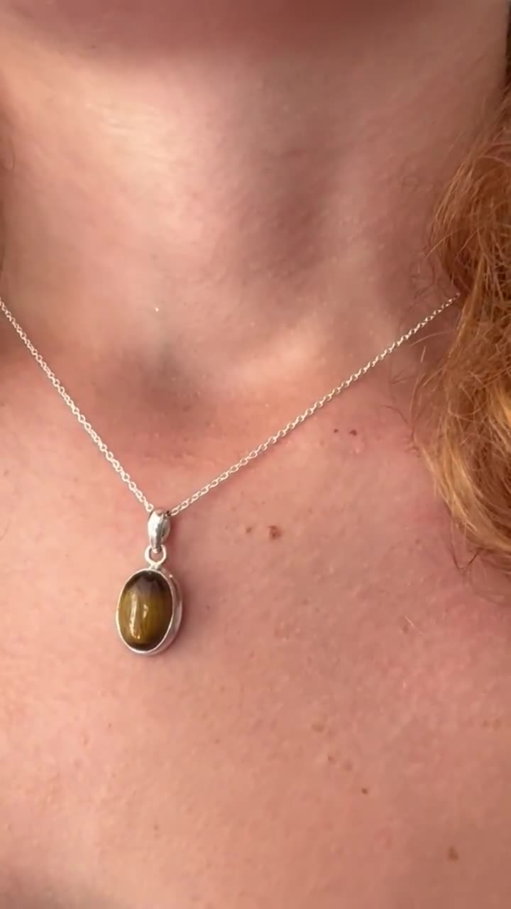 Tiger Eye Sterling Silver Necklace, Oval Tiger Eye Necklace Tiger Eye Sterling Silver Necklace, Oval Tiger Eye Necklace