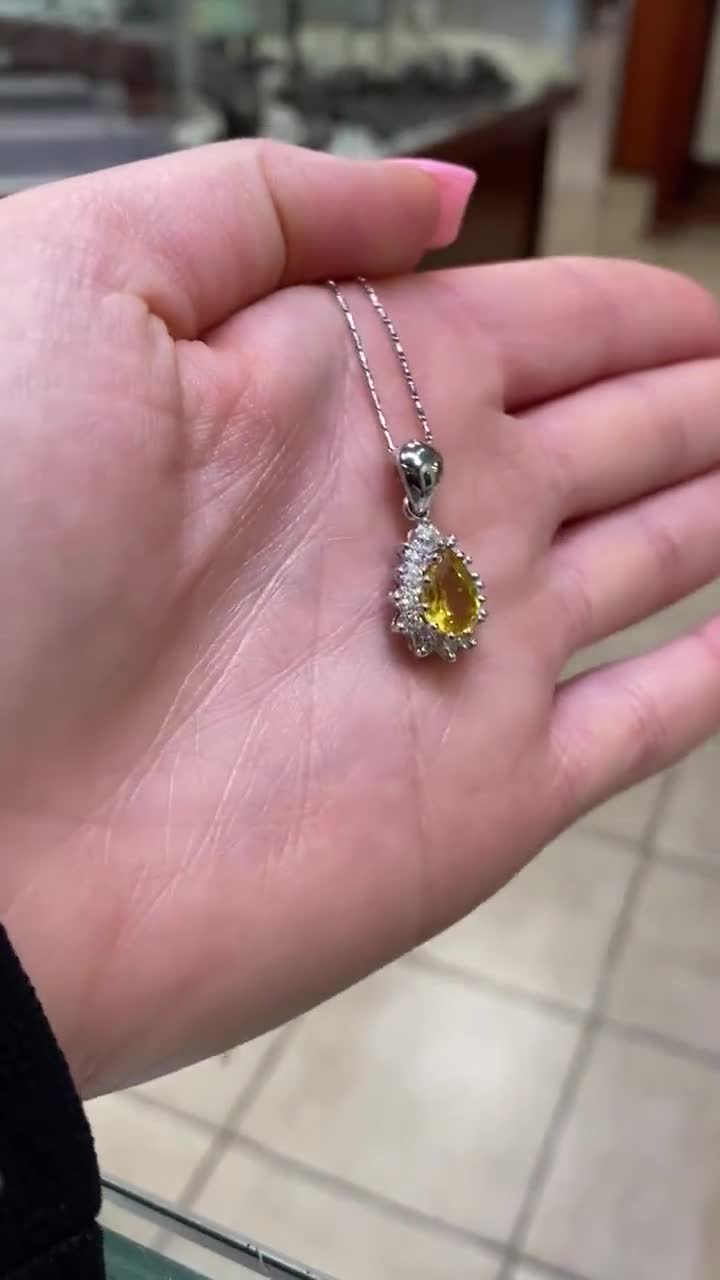 Natural Yellow Sapphire Tear Drop Diamond Pendant. 14k White