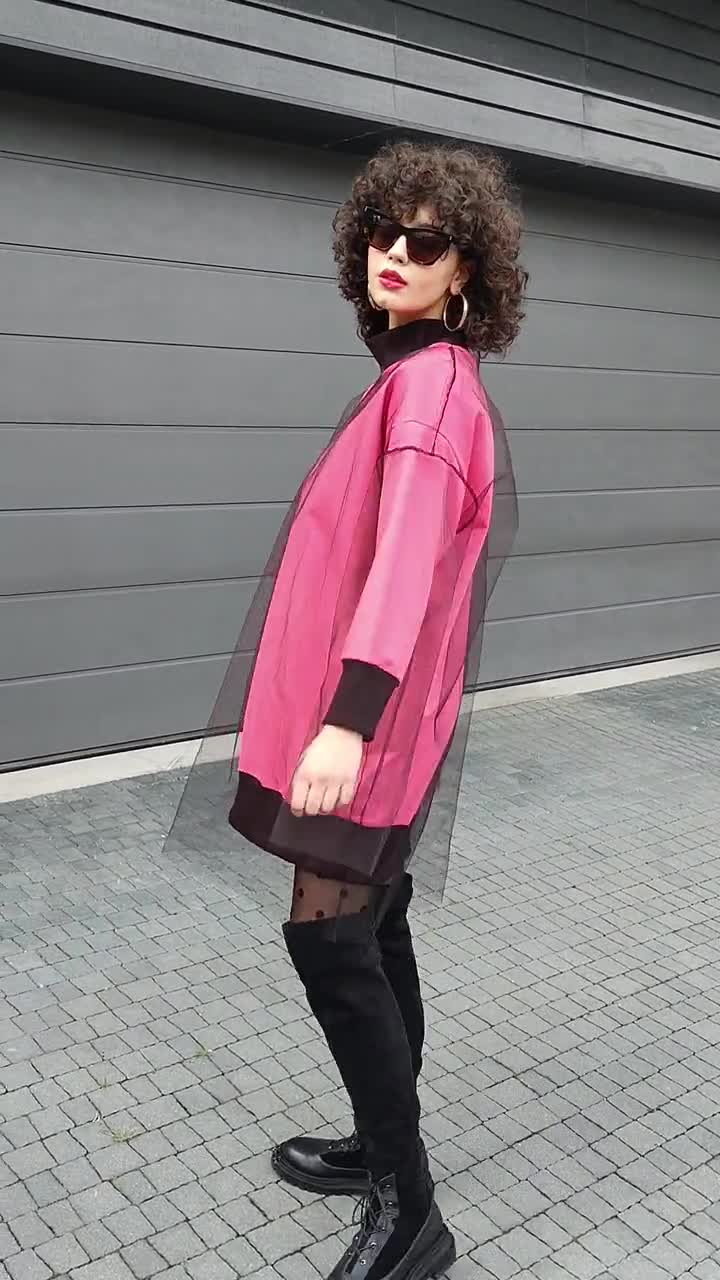 Pink Sweatshirt Dress: Fuchsia Cotton Sweater with Black Tulle Overlay