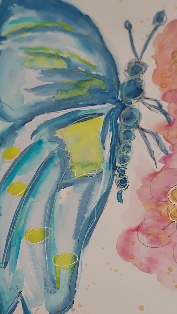 花に止まる気まぐれな蝶の水彩画9x12、手描きのルーズスタイルの