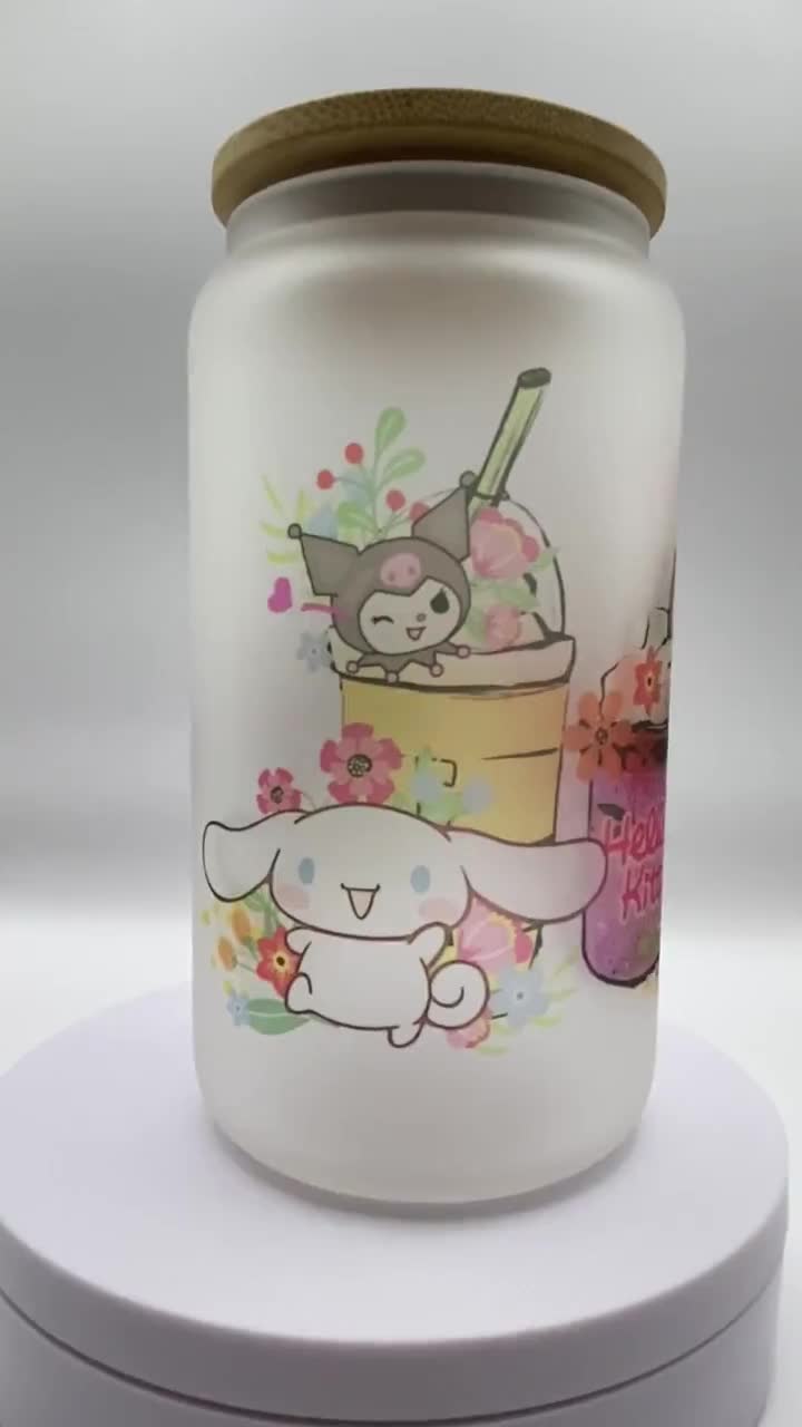 Cute Hello Kitty & friends with rainbows and stars 16oz Frosted Glass Can.