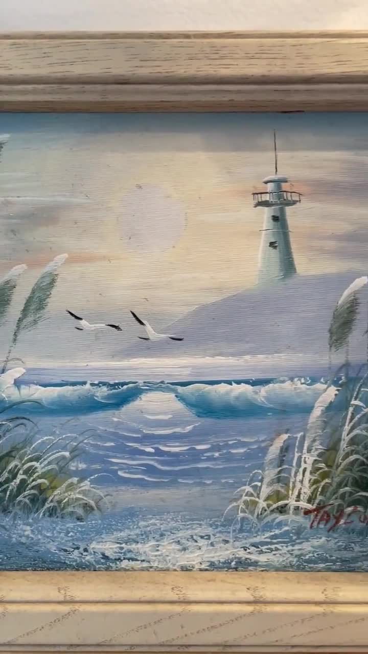灯台と海の風景 油彩画 木製フレーム付き ヴィンテージ ロイ・テイラー 油絵（ボード） | 海景油絵（ハード