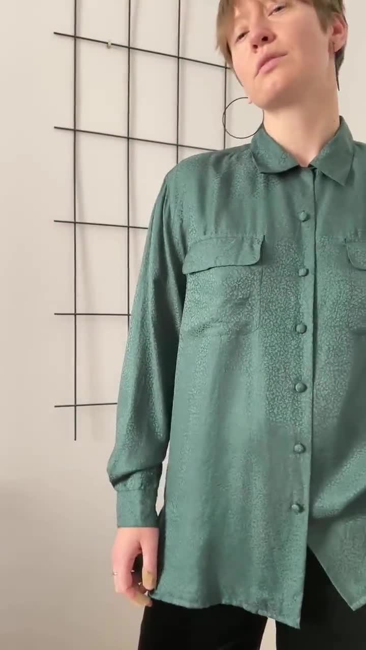 Vintage 100% Silk Jacquard Blouse in Deep Sea Green for Women | Size L |  Button Down Long Sleeve Flowy Silk Shirt with Leaf Pattern NVS642