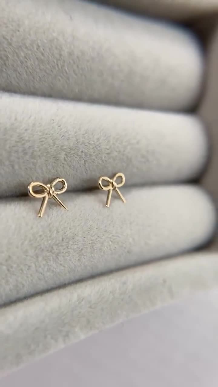 14K Solid Gold/ Tiny Bow Ribbon B Stud Earrings - 14K Solid