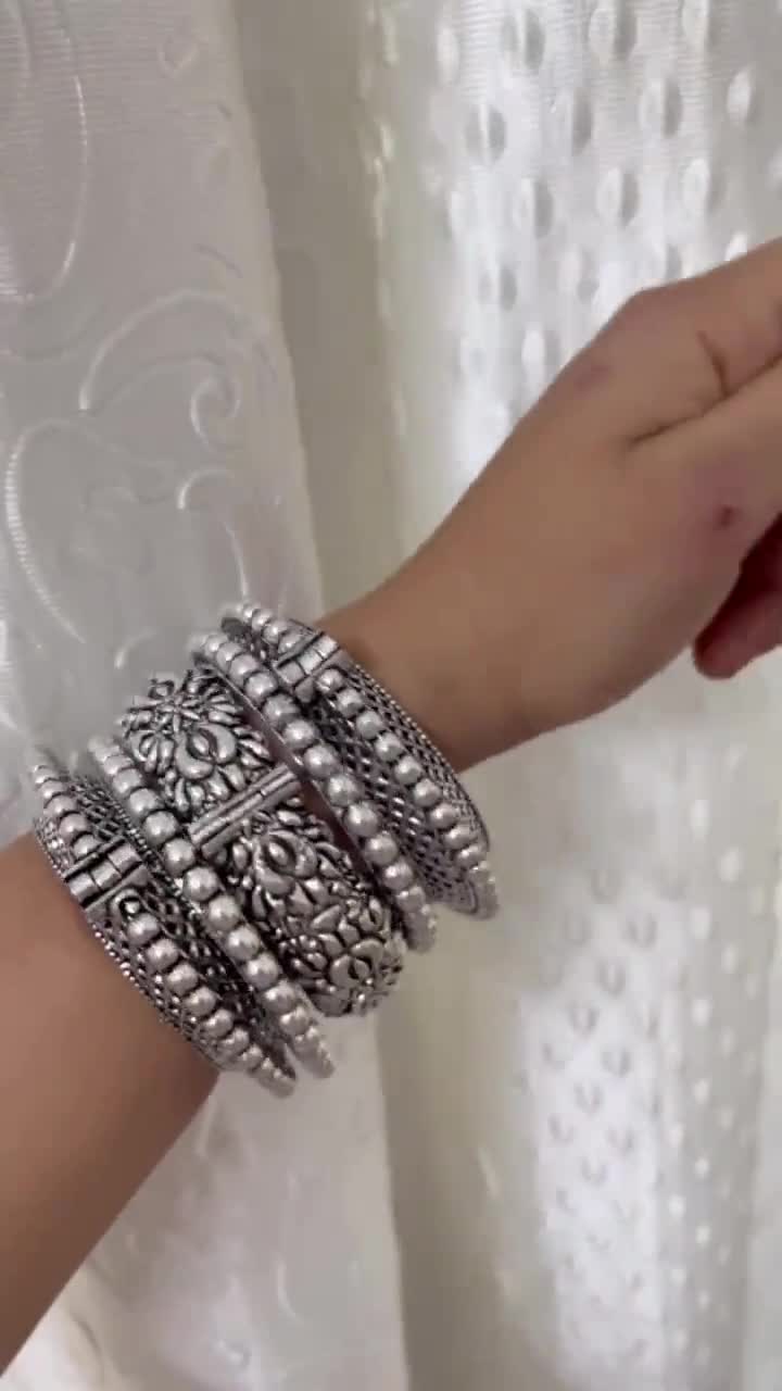 Oxidized Silver Tone Bangle Set of 5 Pc: Indian Tribal Boho Kadas
