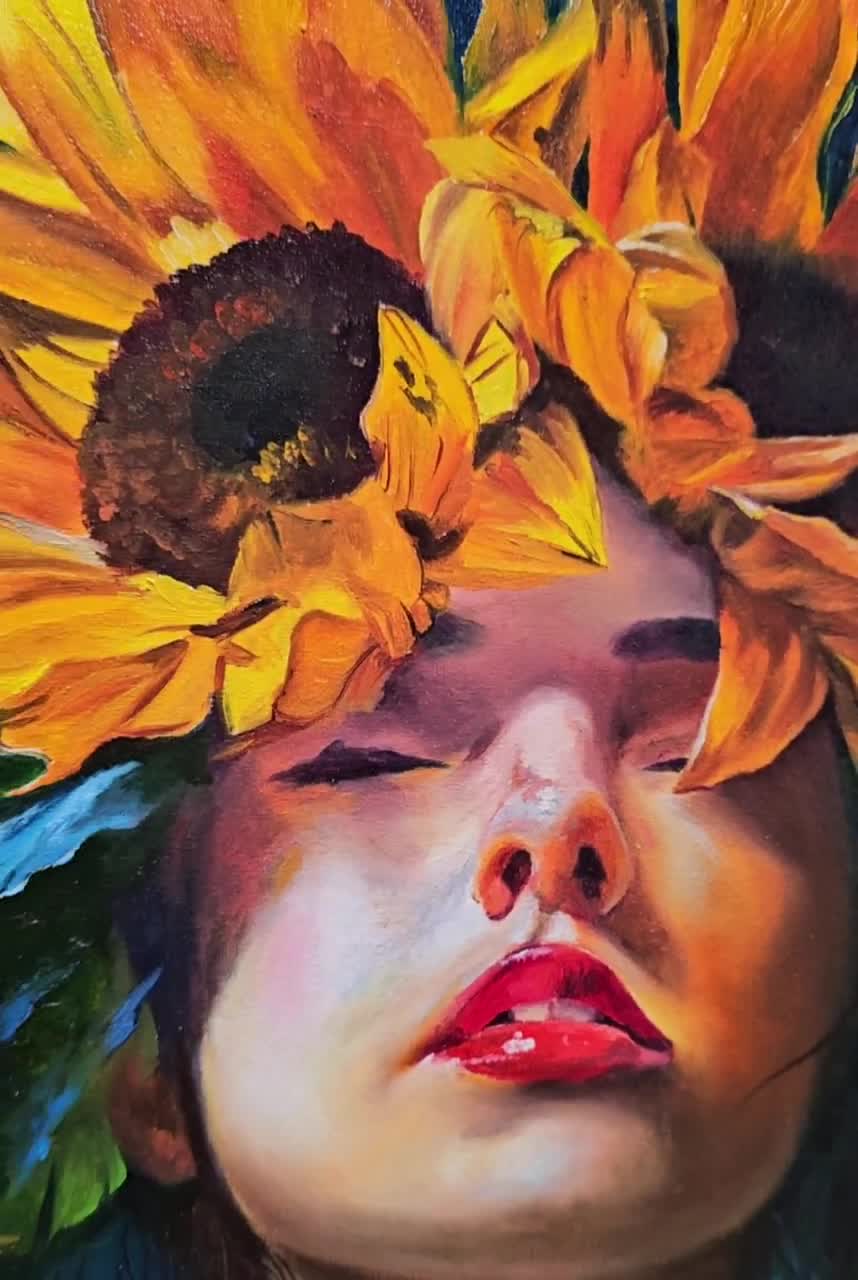 シュールな女性のひまわりの肖像油絵、ムーディーな精神の果実の表現力