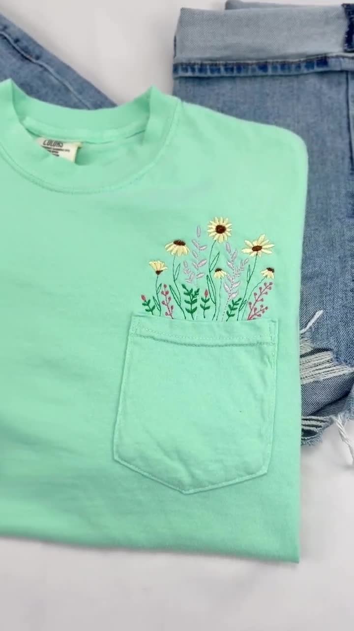 Wildflower Pocket Shirt, Comfort Colors Embroidered Tshirt