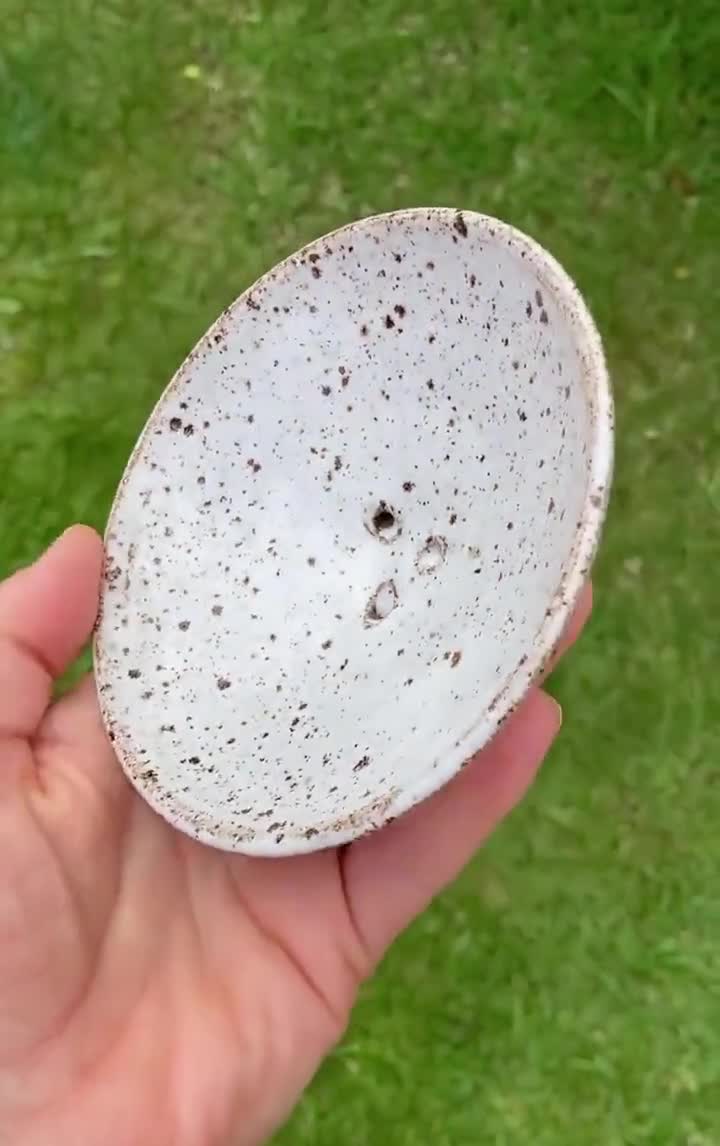 Ceramic Wheel Thrown Soap Dish in Speckled White perfect for soap bars  great drainage — Wild Bower Studio