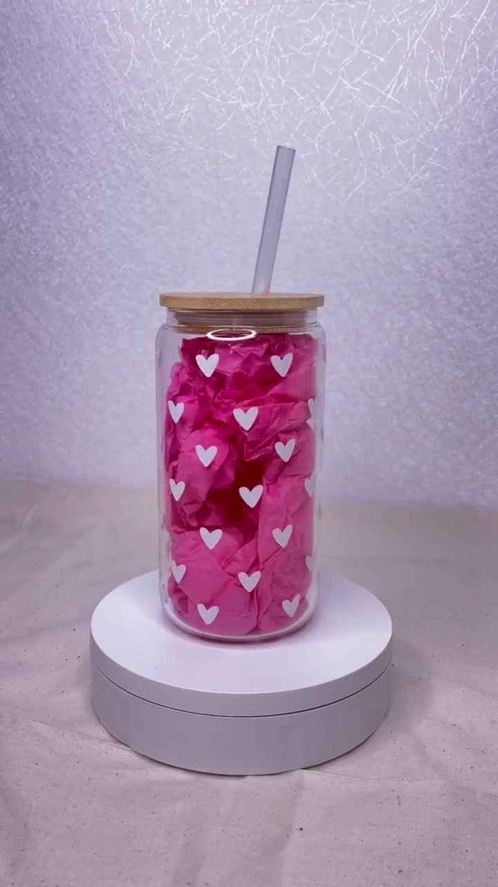 Tic Tac Toe Valentines Day Beer Can Glass Be Happy X's and O's Pink Hearts Libbey  Glass Can 16 Oz. 20 Oz. Bamboo Lid Straws 