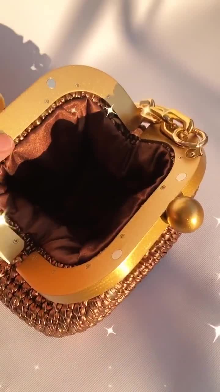 Magnificent Antique Gold, Silver and Bronze micro Bead Evening Bag w/ Brass  strap/Antique Deco Handbag Kiss Lock- Embossed garland Frame