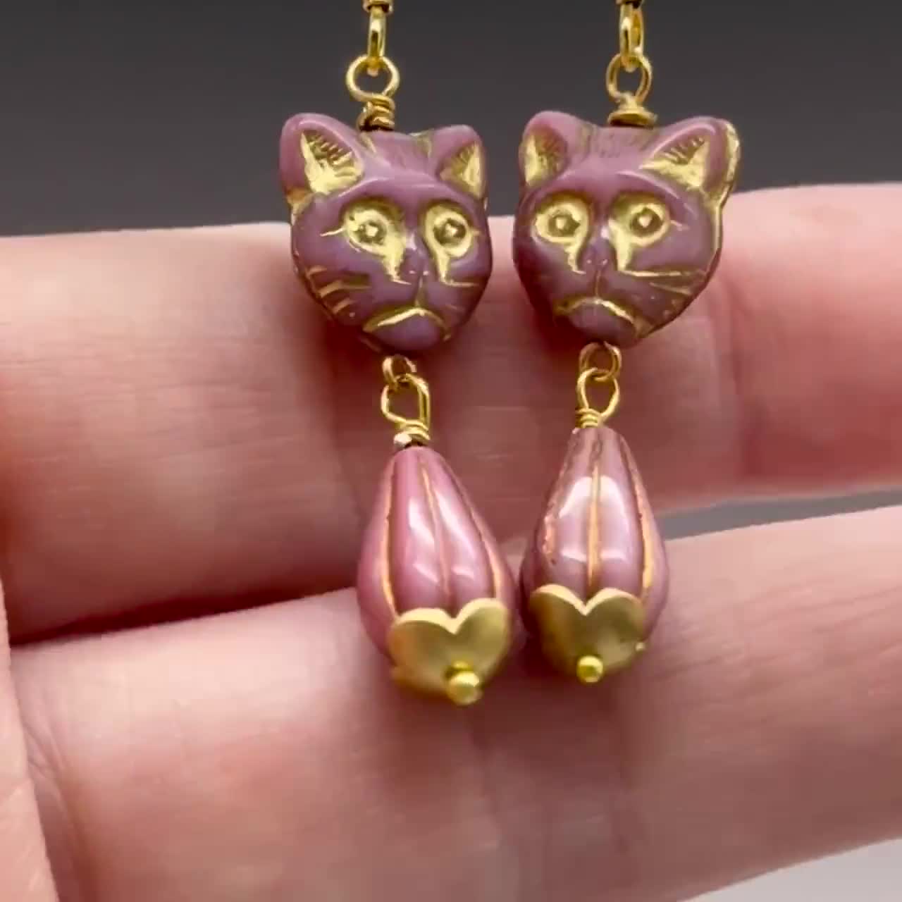 Pink Cat Earrings • Czech Glass Cat Earrings • Cat Lover Gift