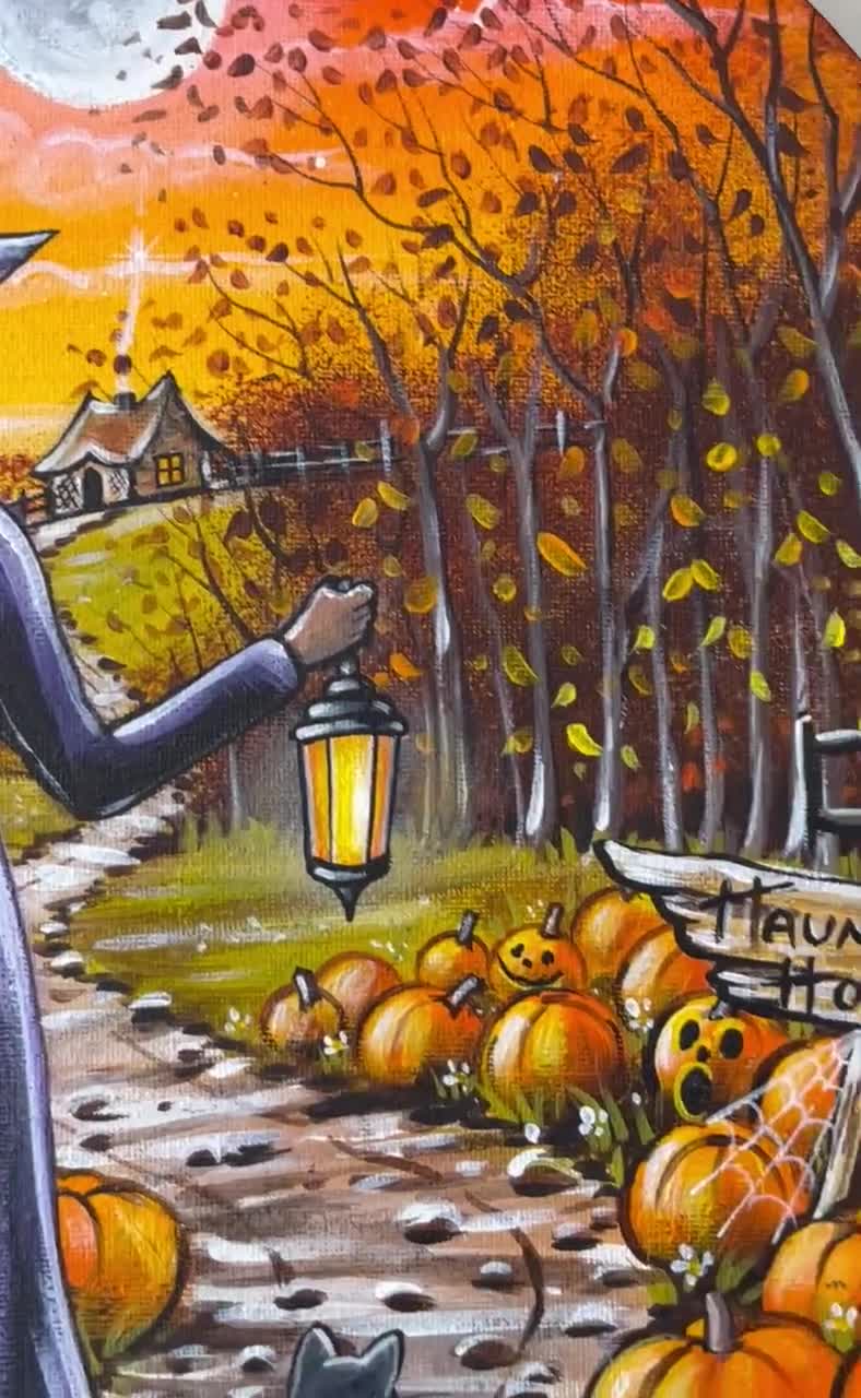 A Halloween Original Painting on Canvas Witch Pumpkins Black Cat