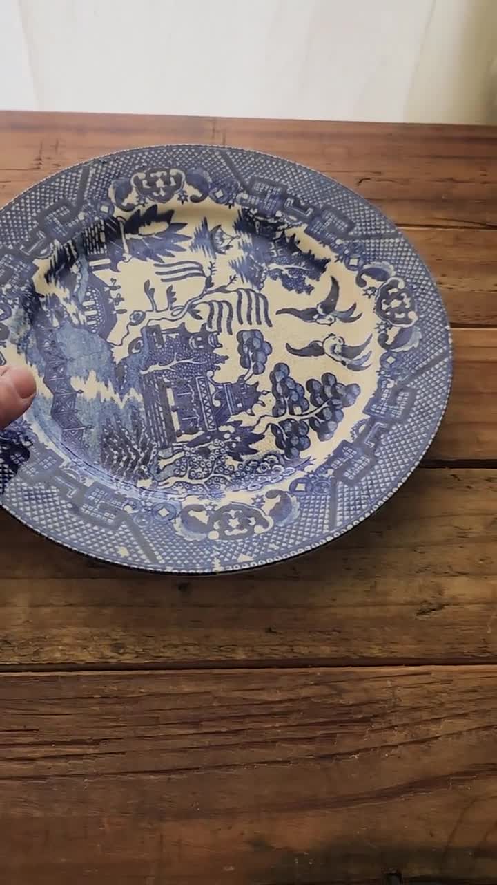 Antique Porcelain Set of 4 Transor Ware Blue Willow Plates, Japan