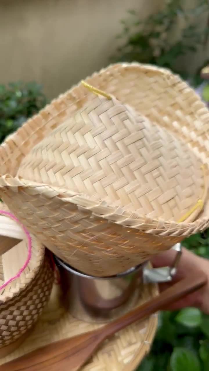 Traditional Thai Bamboo Sticky Rice Steamer Basket – Eco-Friendly With Lid, For Stovetop Or Electric Cookers