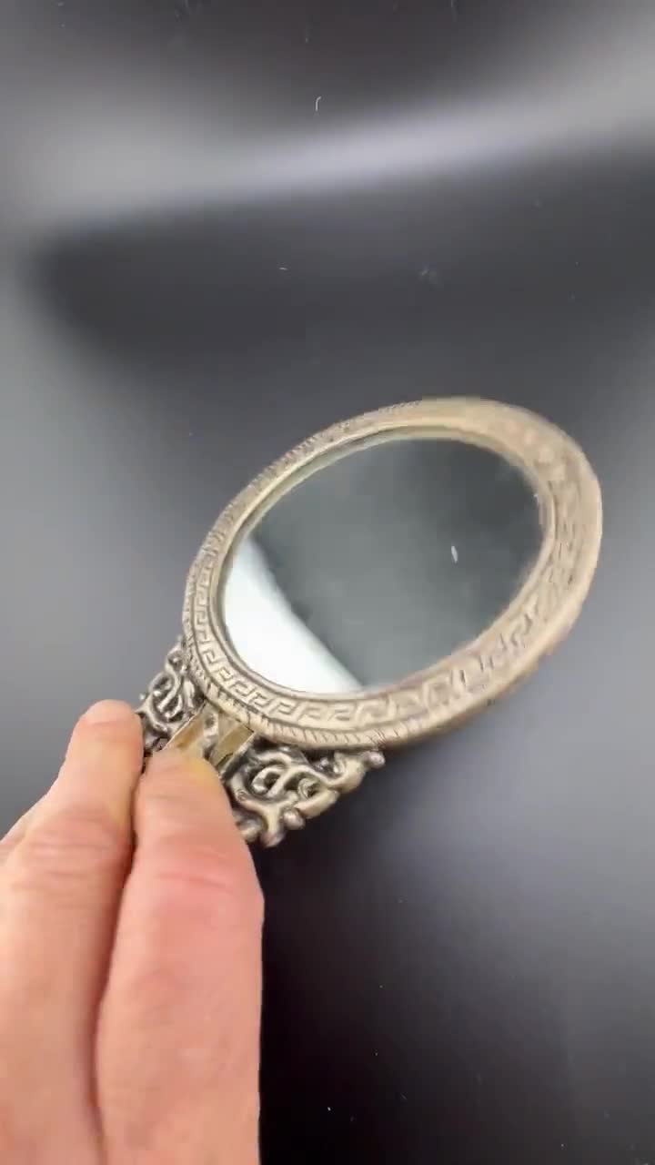 Antique Chinese Hand Mirror Ornate Metal Work Winged Creature and